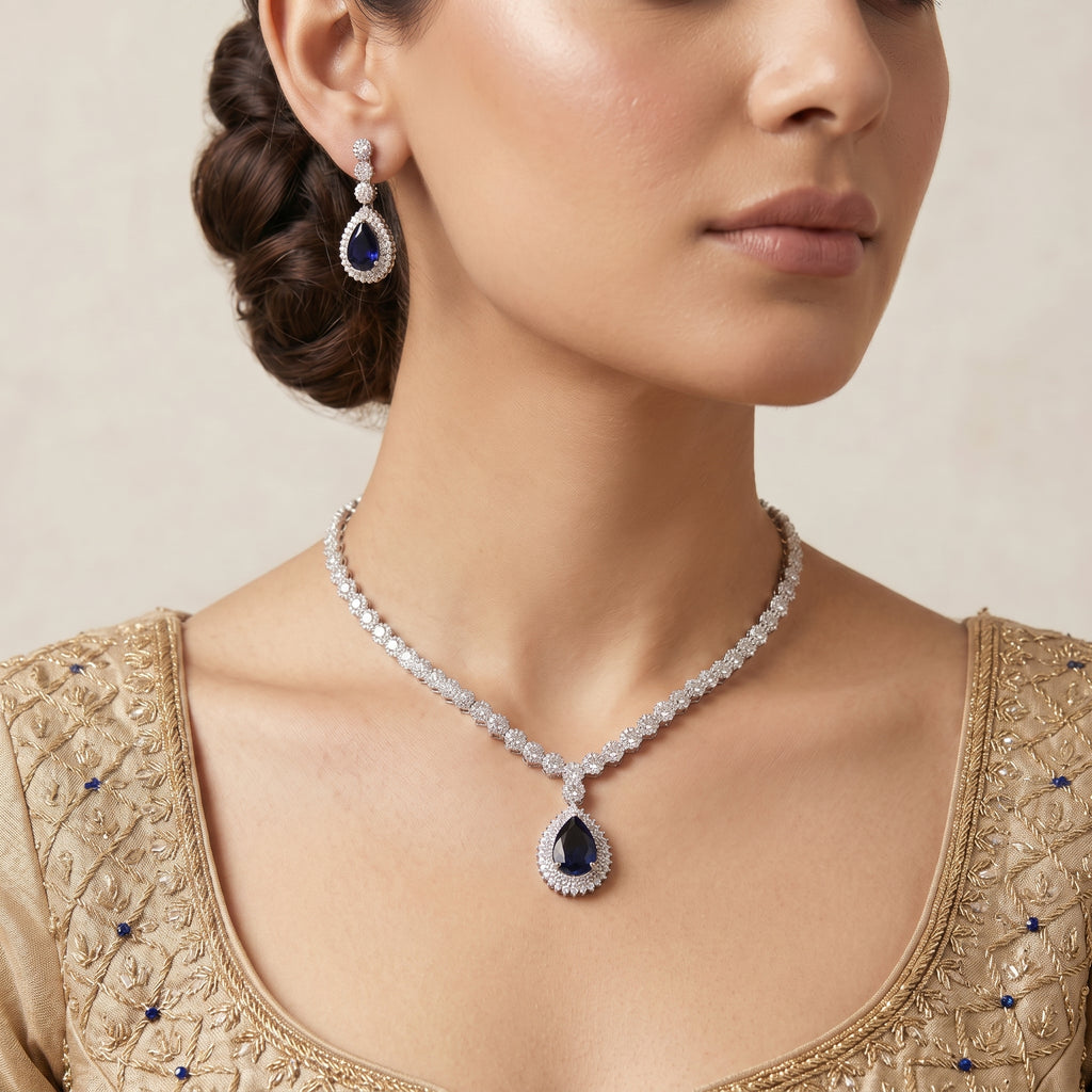 Royal Sapphire & CZ Diamond Tennis Necklace Set — artificial necklace set by Jashan Jewels Pakistan