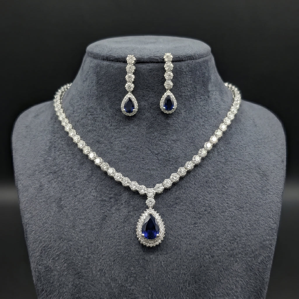 Royal Sapphire & CZ Diamond Tennis Necklace Set close-up detail — artificial necklace set by Jashan Jewels