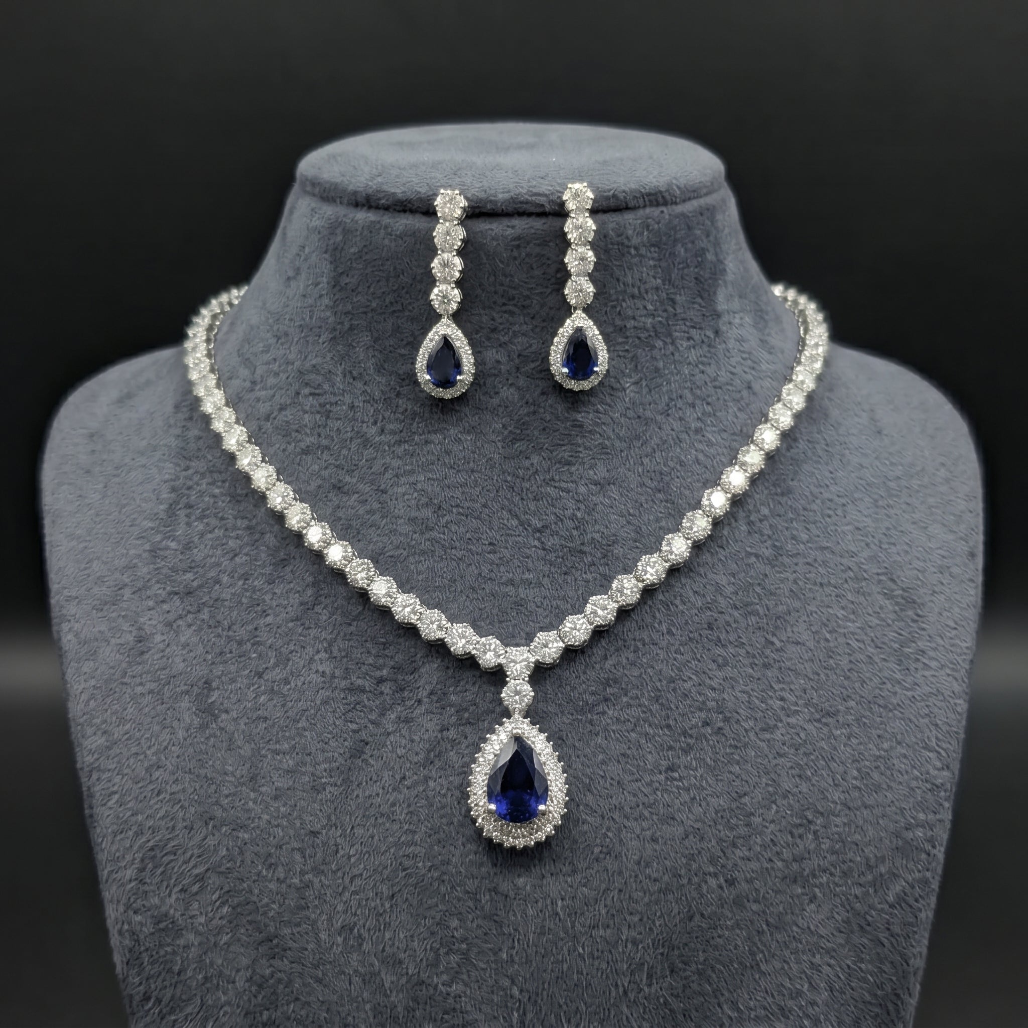 Royal Sapphire & CZ Diamond Tennis Necklace Set close-up detail — artificial necklace set by Jashan Jewels
