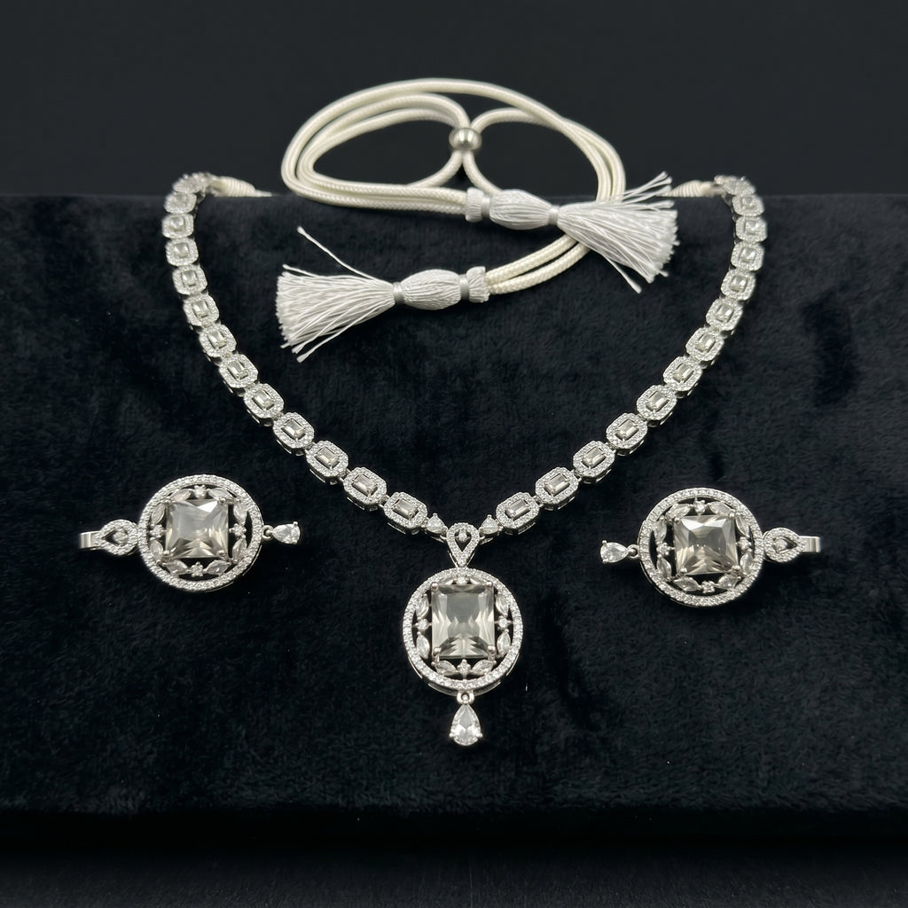 Silver Crystal Diamond Twisted Chain Necklace Set close-up detail — artificial necklace set by Jashan Jewels