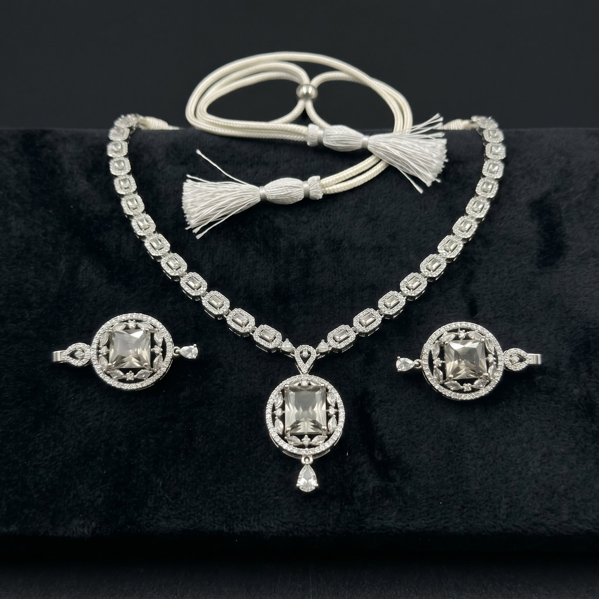 Silver Crystal Diamond Twisted Chain Necklace Set