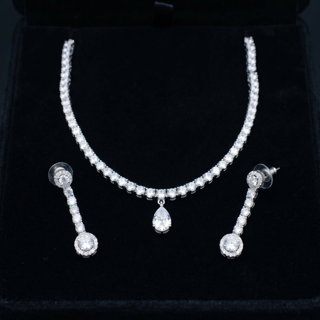 Silver Crystal Diamond Tennis Necklace Set close-up detail — artificial necklace set by Jashan Jewels