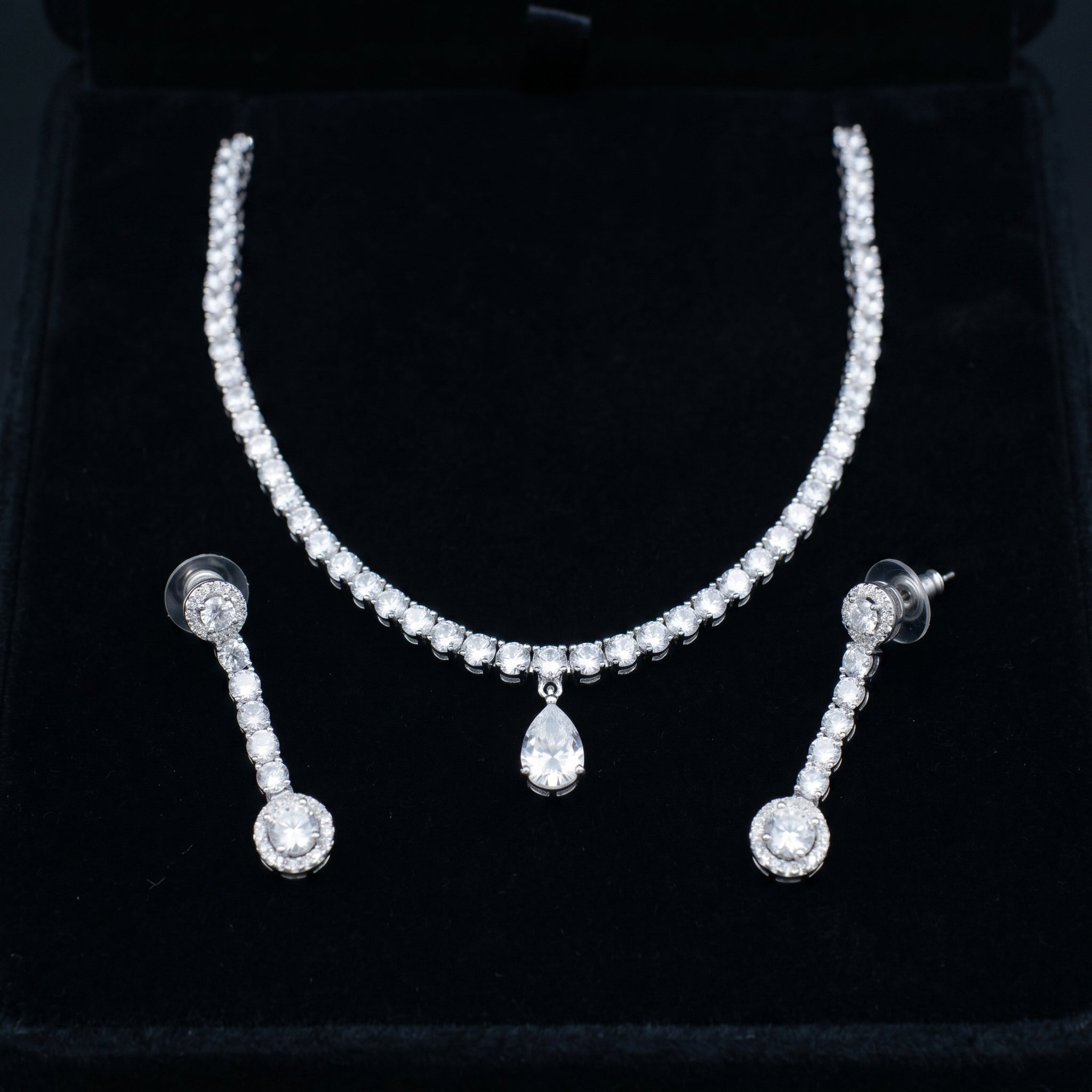 Silver Crystal Diamond Tennis Necklace Set