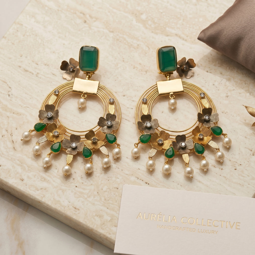 Teal & Gold Circular Hoop Earrings close-up detail — artificial earrings by Jashan Jewels