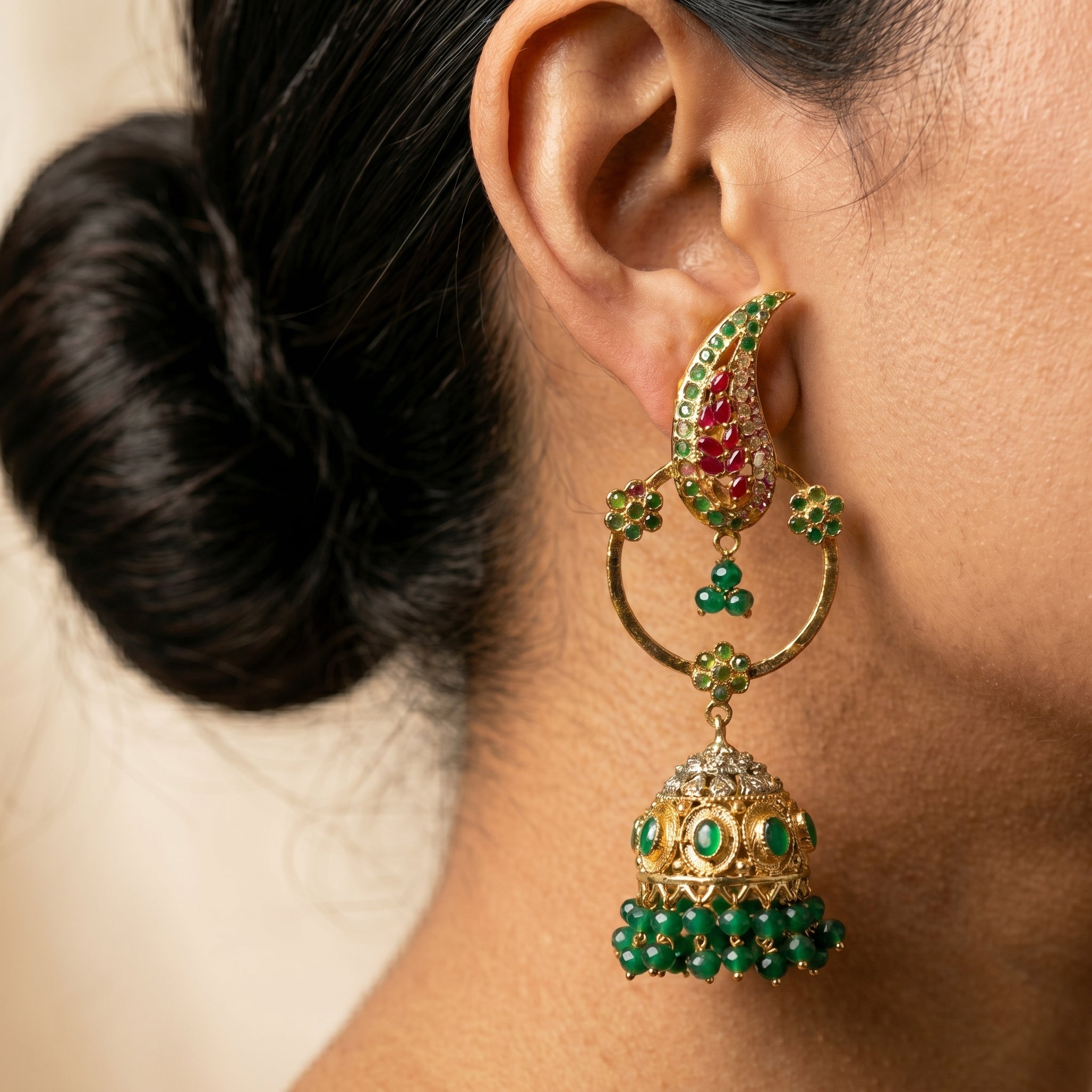 Emerald & Ruby Paisley Jhumka Earrings — artificial earrings by Jashan Jewels Pakistan