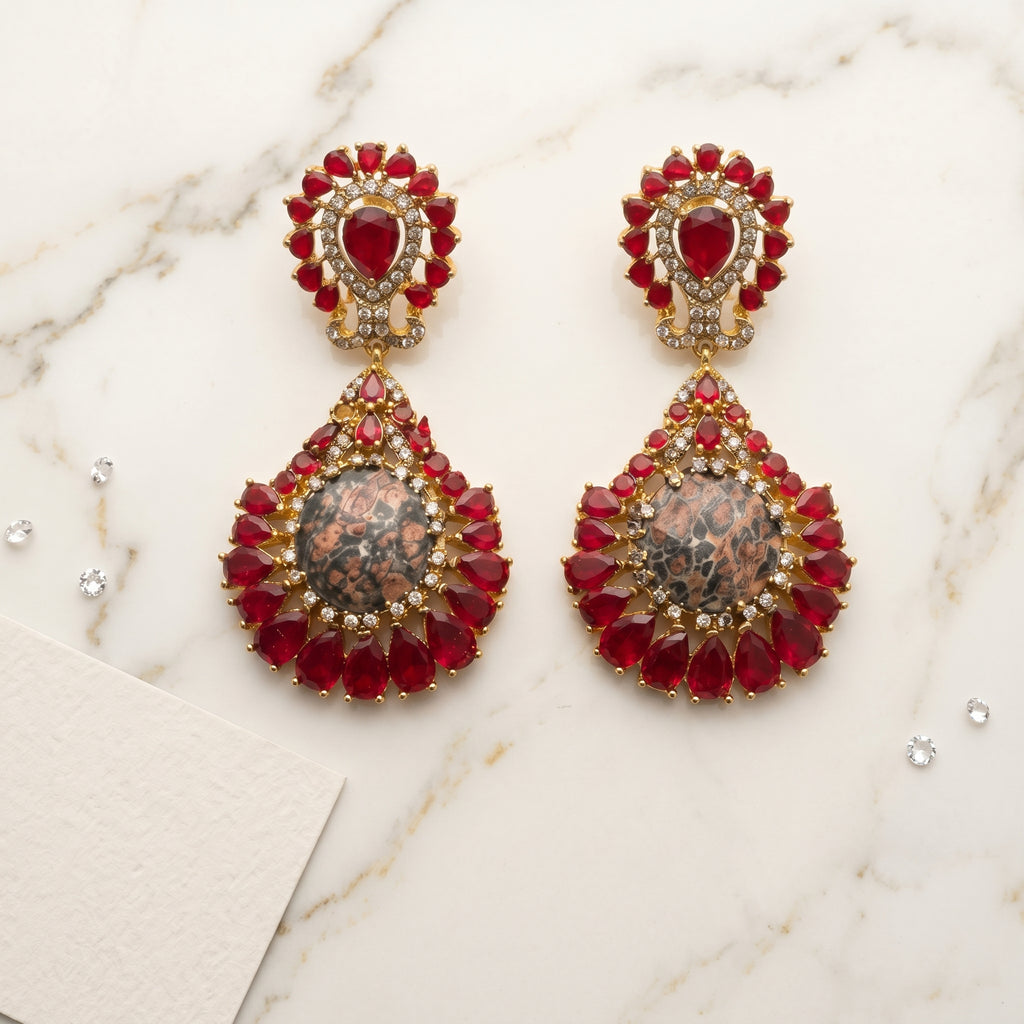 Ruby Red CZ Teardrop Earrings close-up detail — artificial earrings by Jashan Jewels