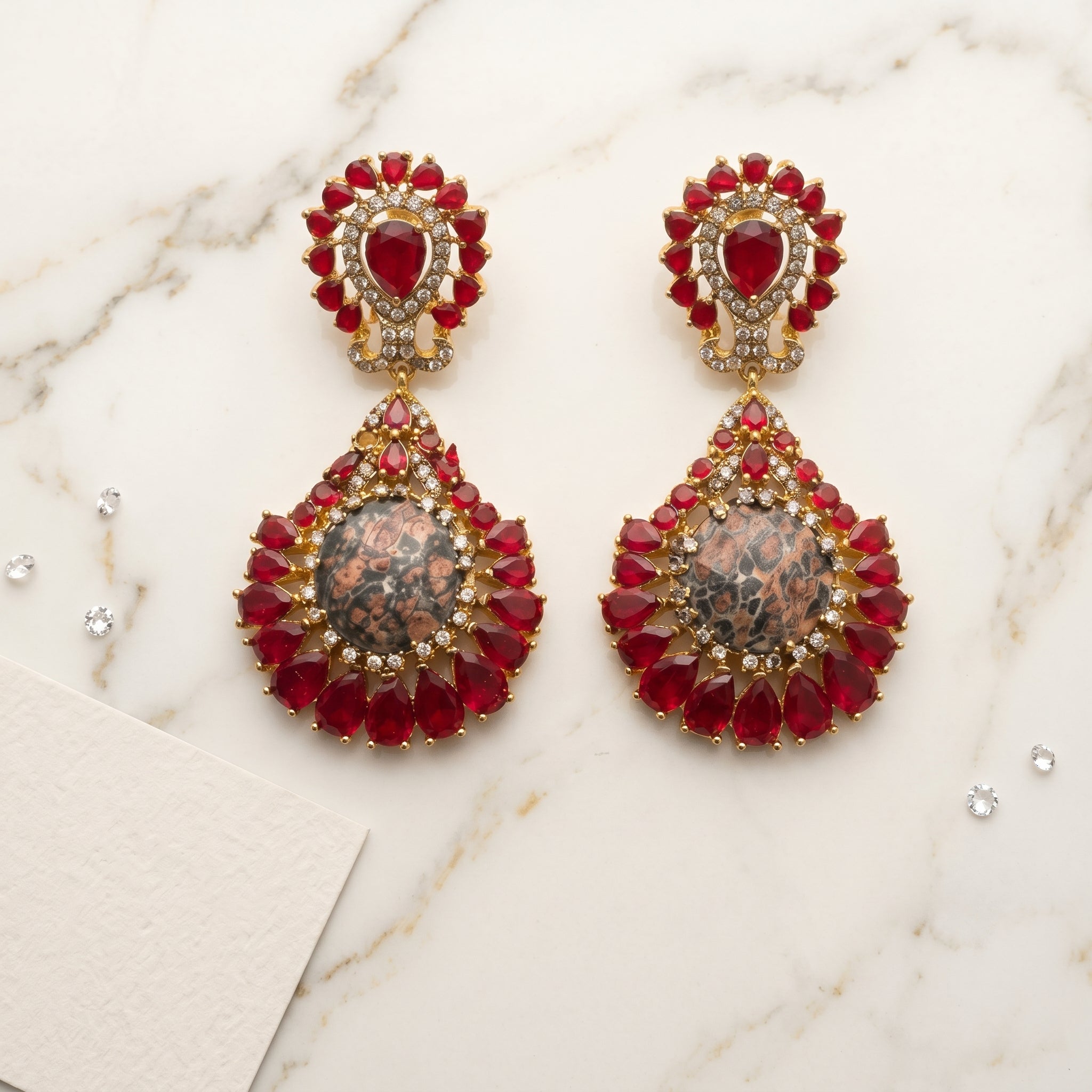 Ruby Red CZ Teardrop Earrings close-up detail — artificial earrings by Jashan Jewels