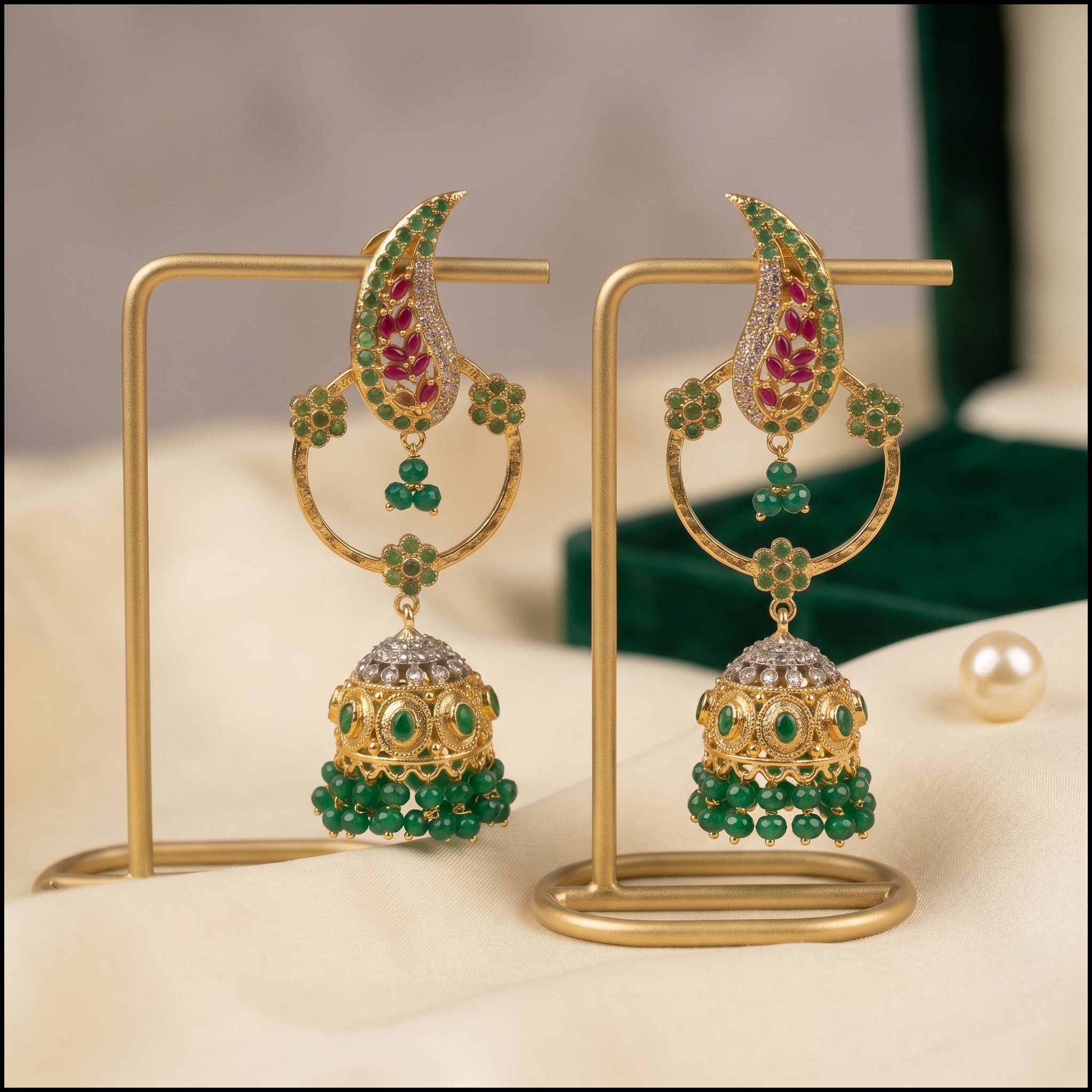 Emerald & Ruby Paisley Jhumka Earrings close-up detail — artificial earrings by Jashan Jewels