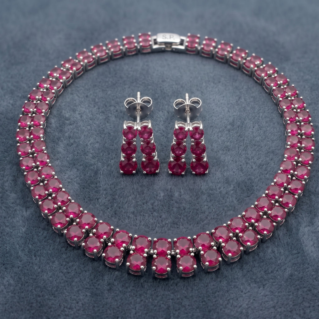 Pink Ruby Multi-Row Oval Stone Collar Choker Necklace Set close-up detail — artificial necklace set by Jashan Jewels