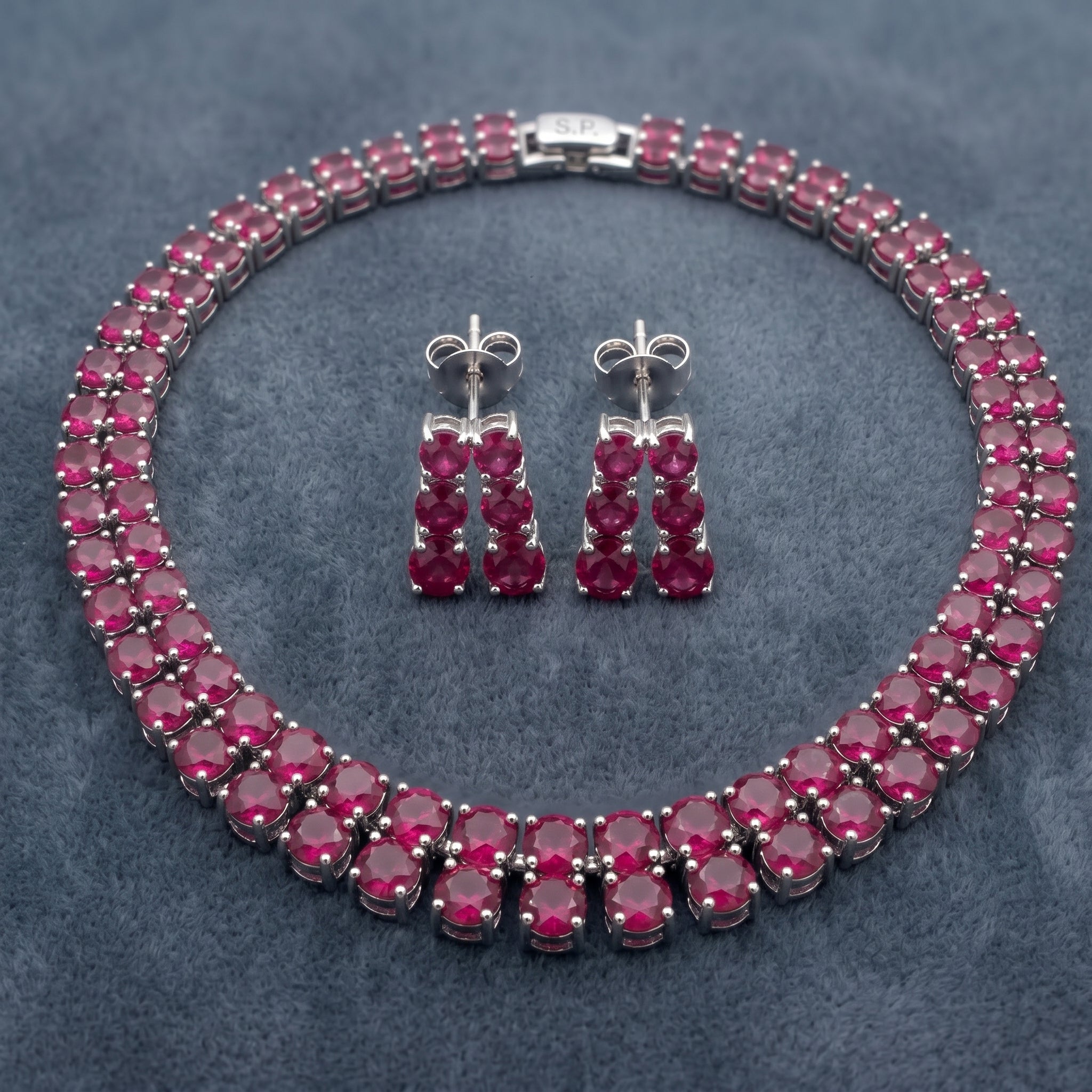 Pink Ruby Multi-Row Oval Stone Collar Choker Necklace Set