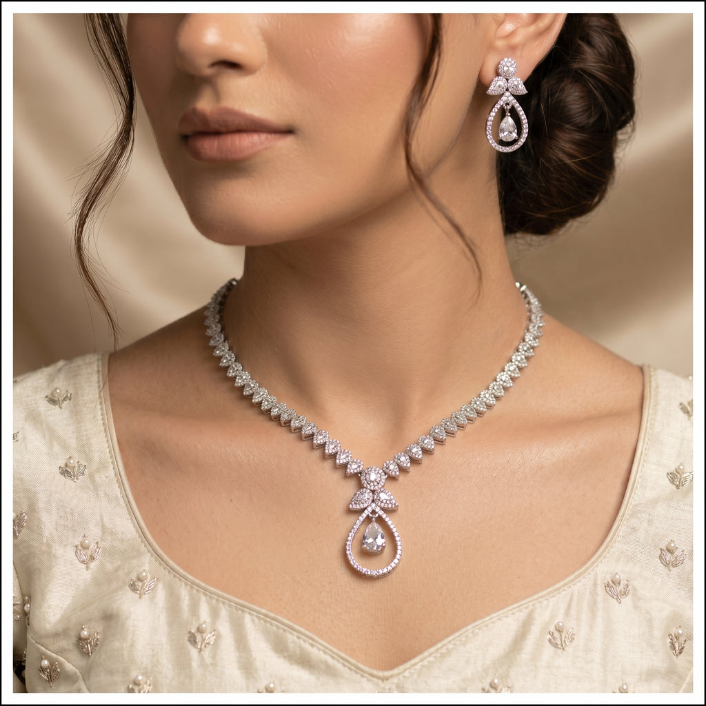 Silver Crystal Diamond Pear Floral Necklace Set — artificial necklace set by Jashan Jewels Pakistan