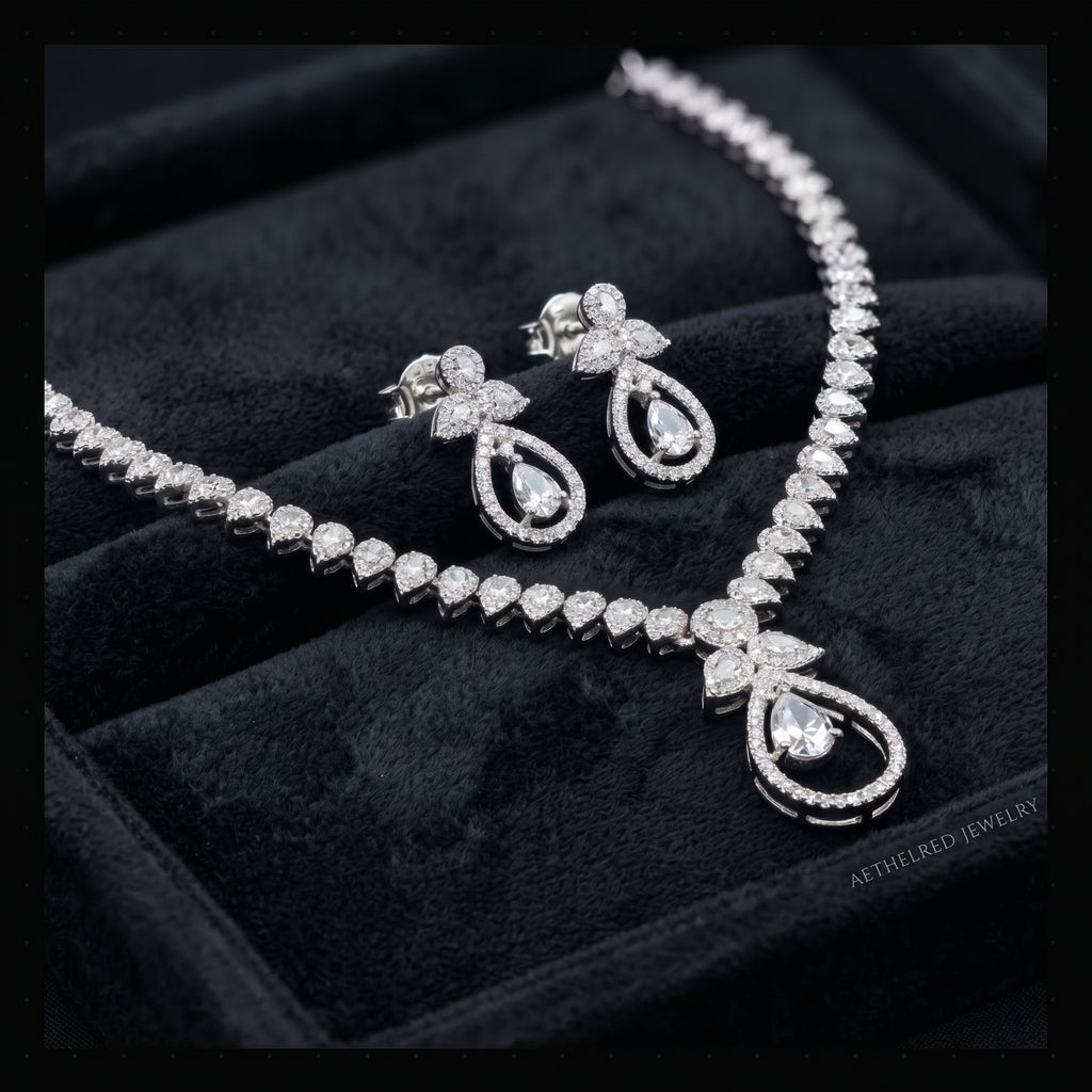 Silver Crystal Diamond Pear Floral Necklace Set close-up detail — artificial necklace set by Jashan Jewels