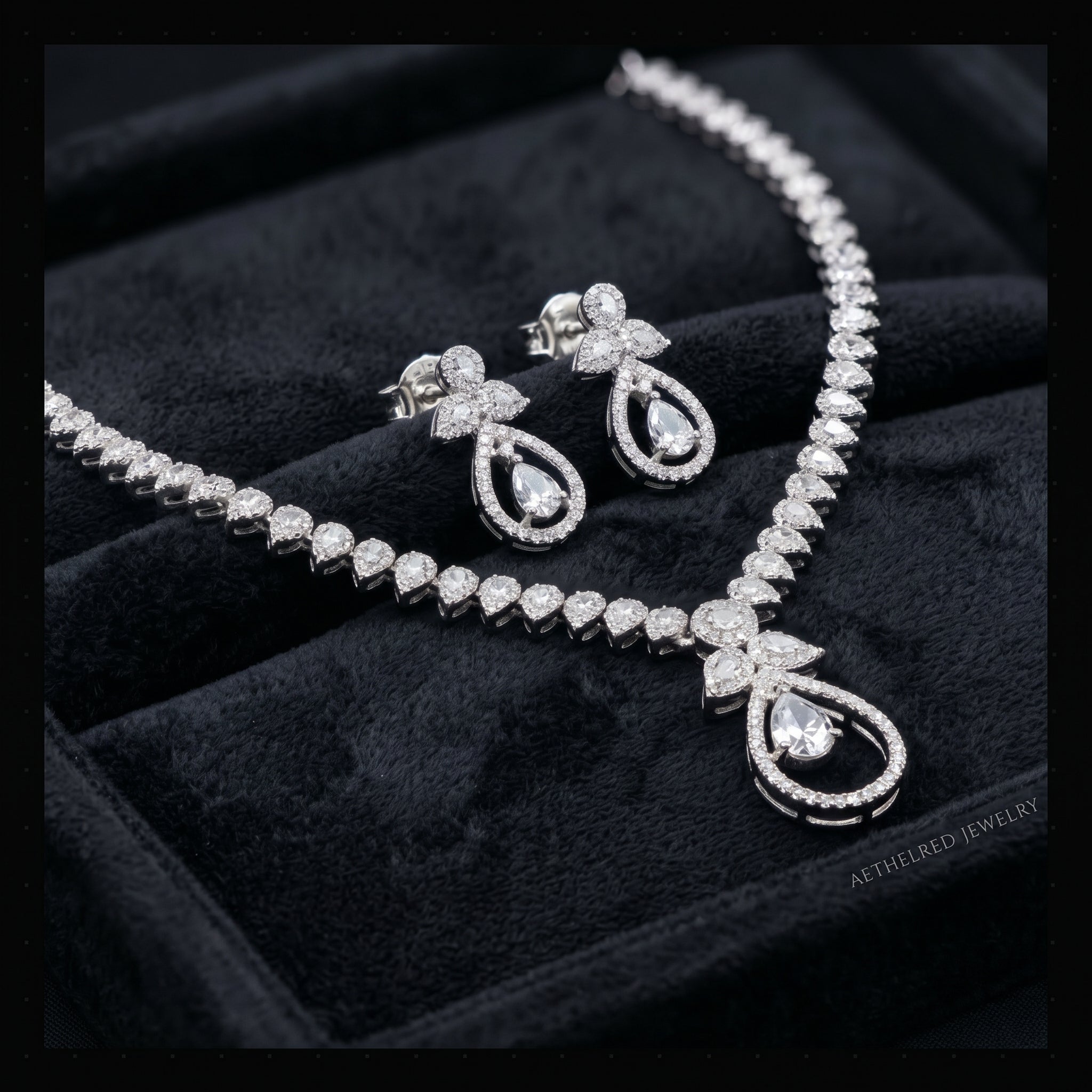 Silver Crystal Diamond Pear Floral Necklace Set