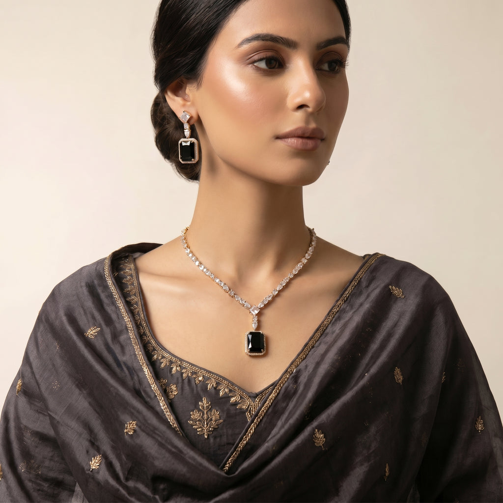 Black Onyx & Diamond Crystal Pendant Necklace Set — artificial necklace set by Jashan Jewels Pakistan