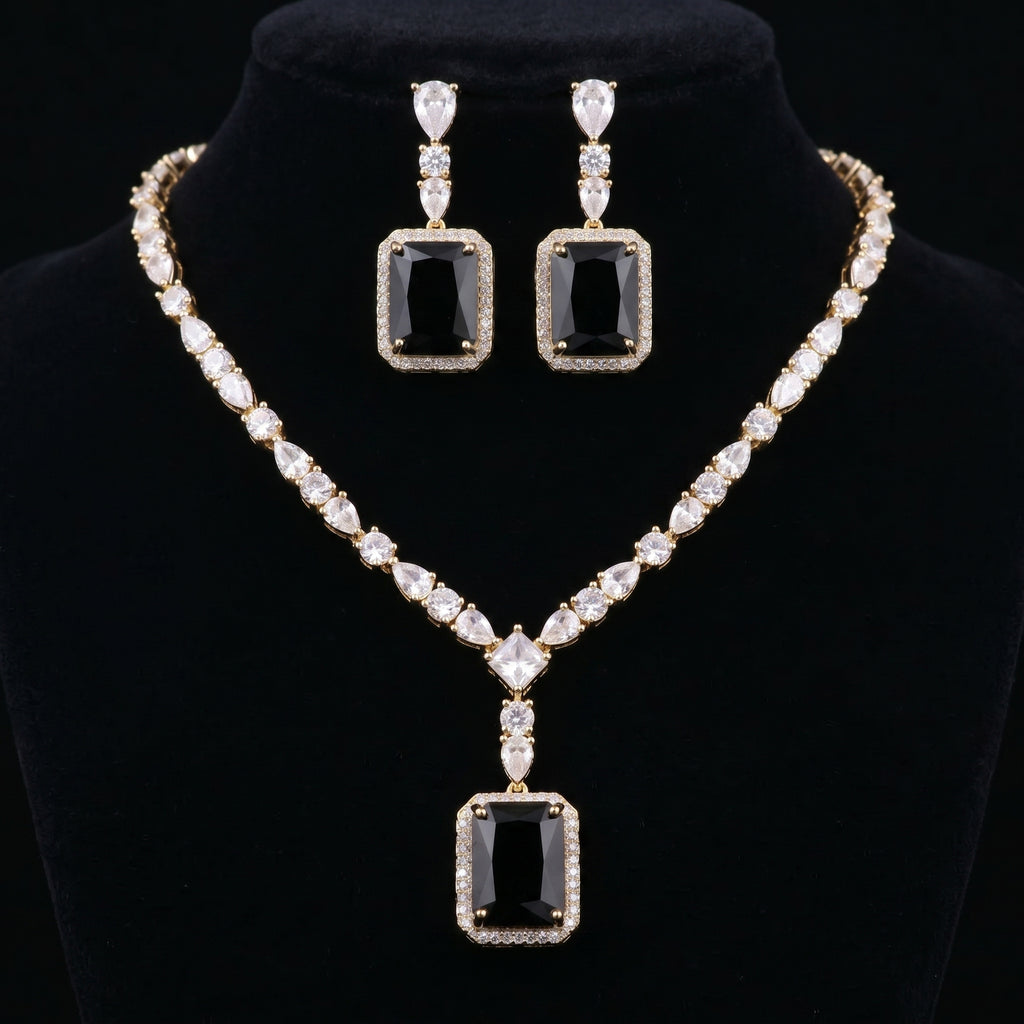 Black Onyx & Diamond Crystal Pendant Necklace Set close-up detail — artificial necklace set by Jashan Jewels