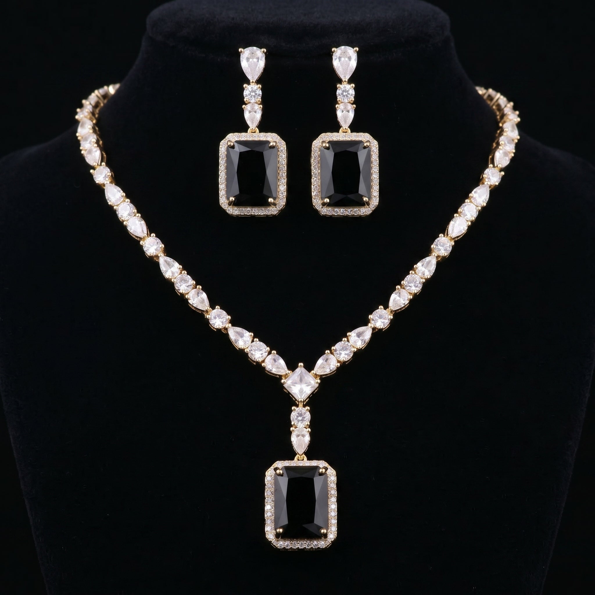 Black Onyx & Diamond Crystal Pendant Necklace Set