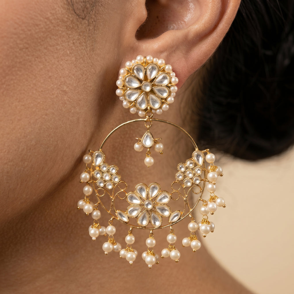 Kundan Floral Chandbali Earrings — artificial earrings by Jashan Jewels Pakistan