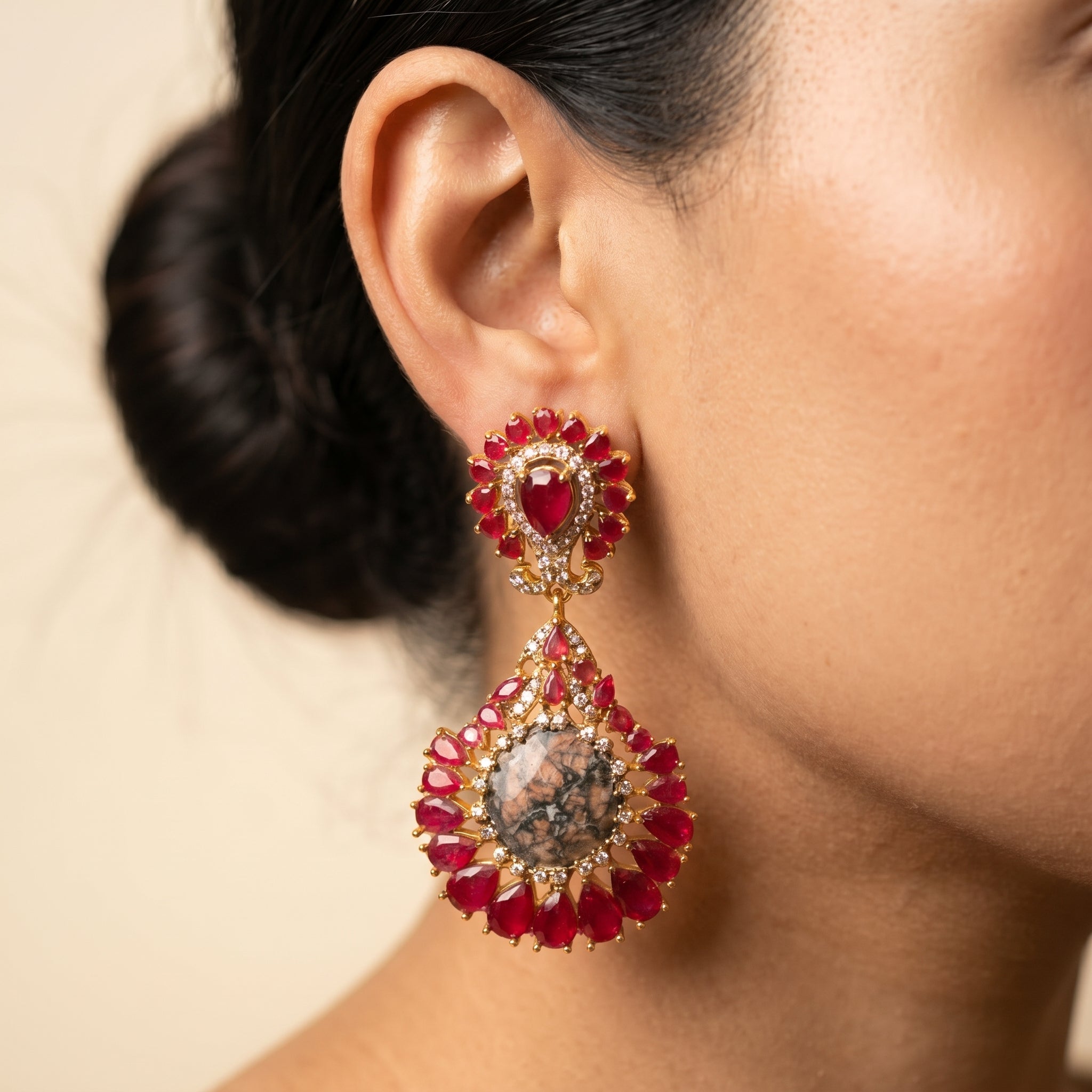 Ruby Red CZ Teardrop Earrings — artificial earrings by Jashan Jewels Pakistan