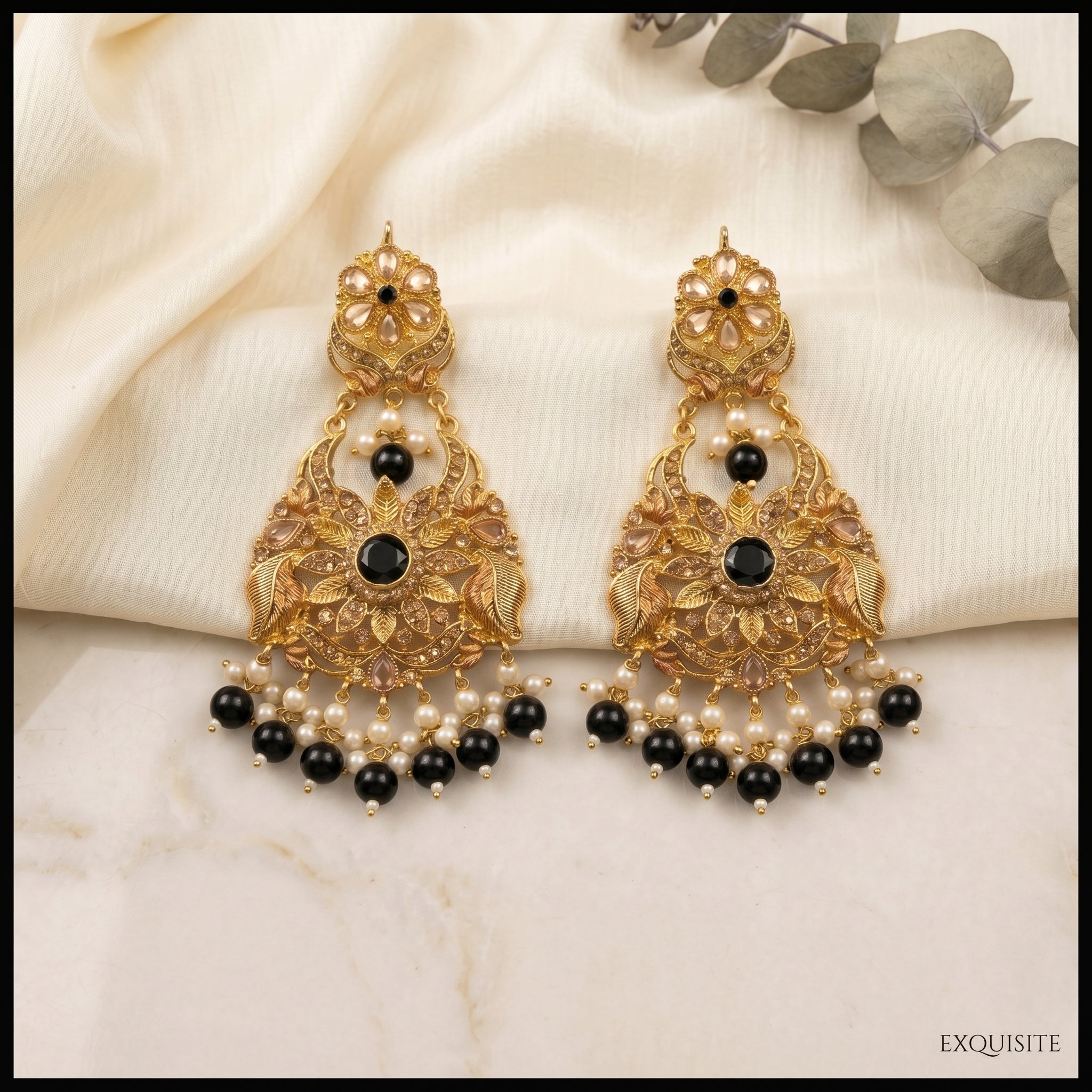 Antique Gold Leaf Chandbali Earrings close-up detail — artificial earrings by Jashan Jewels