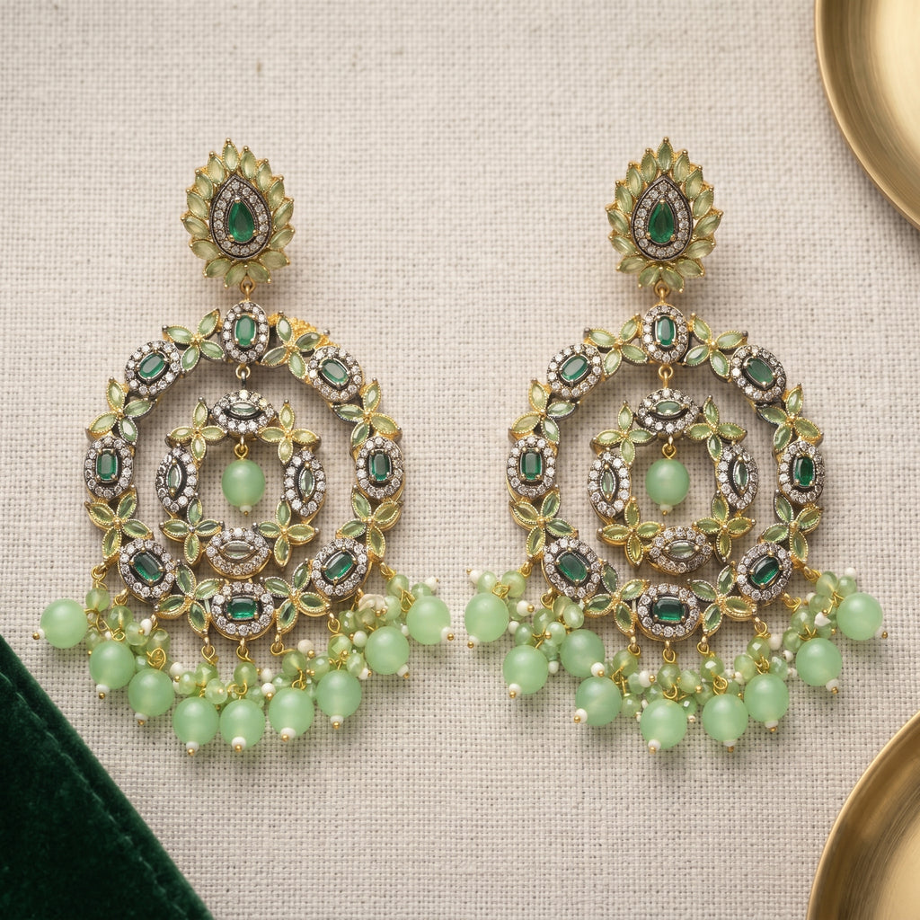 Emerald Green Chandbali Earrings close-up detail — artificial earrings by Jashan Jewels