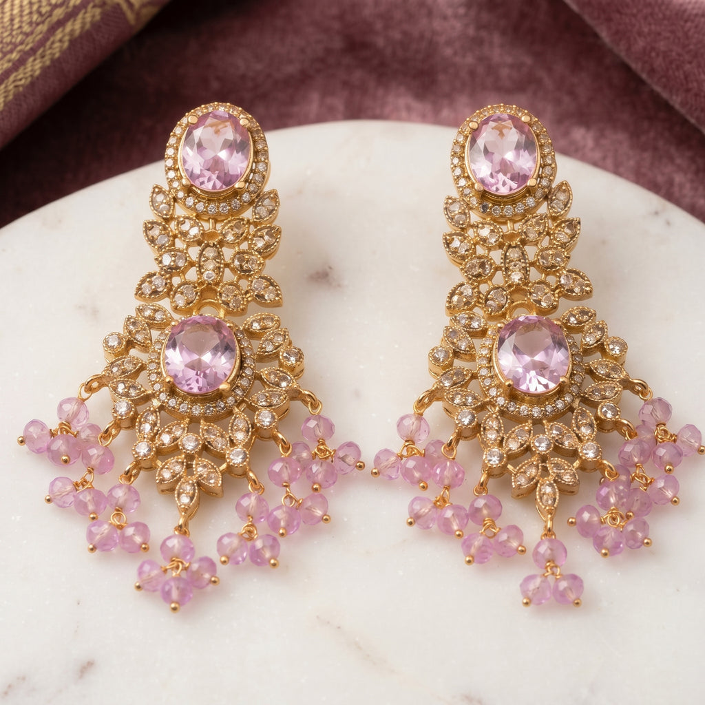 Lavender Crystal Chandelier Earrings close-up detail — artificial earrings by Jashan Jewels