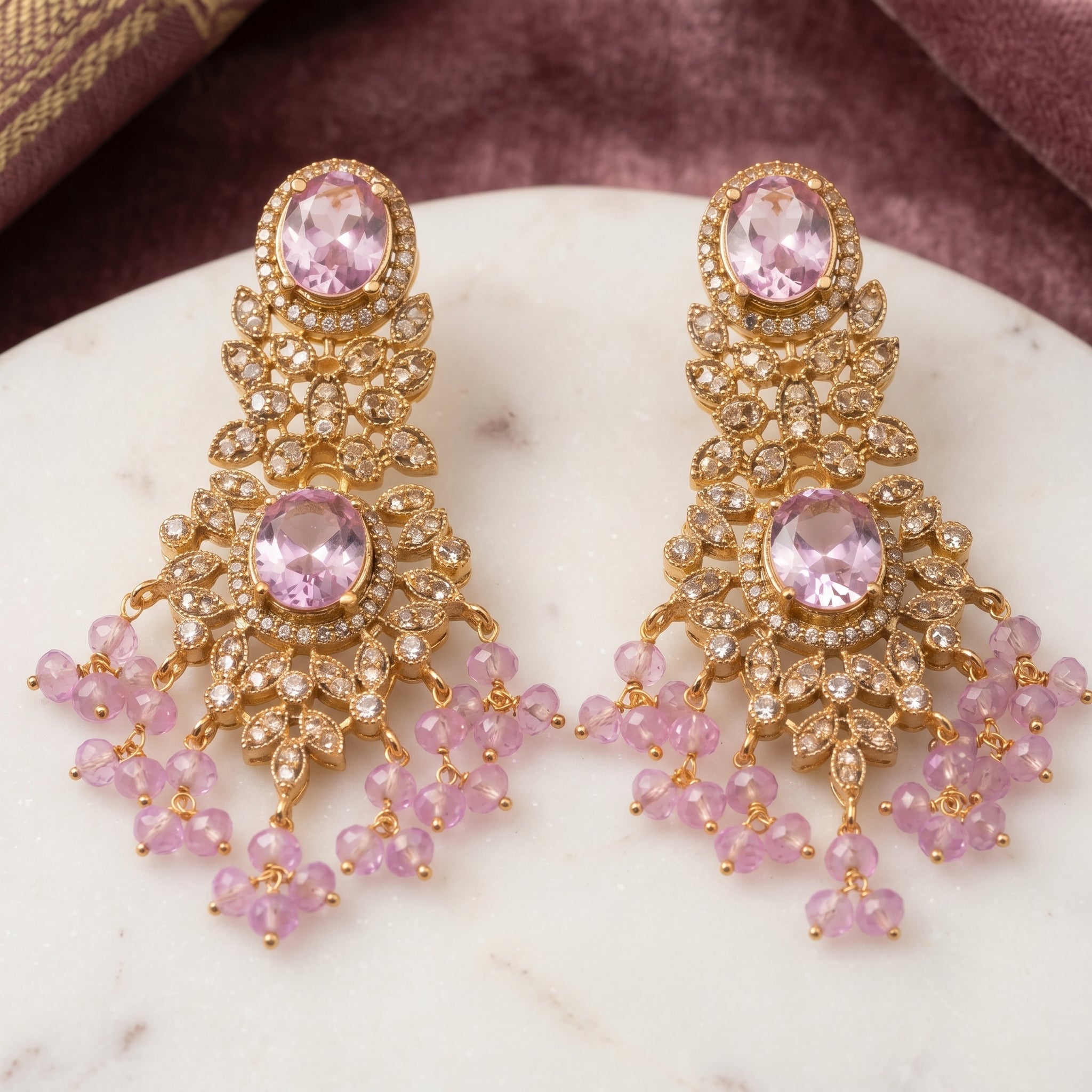 Lavender Crystal Chandelier Earrings close-up detail — artificial earrings by Jashan Jewels