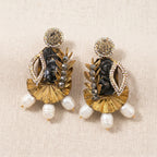 Black Stone & Gold Fan Statement Earrings close-up detail — artificial earrings by Jashan Jewels