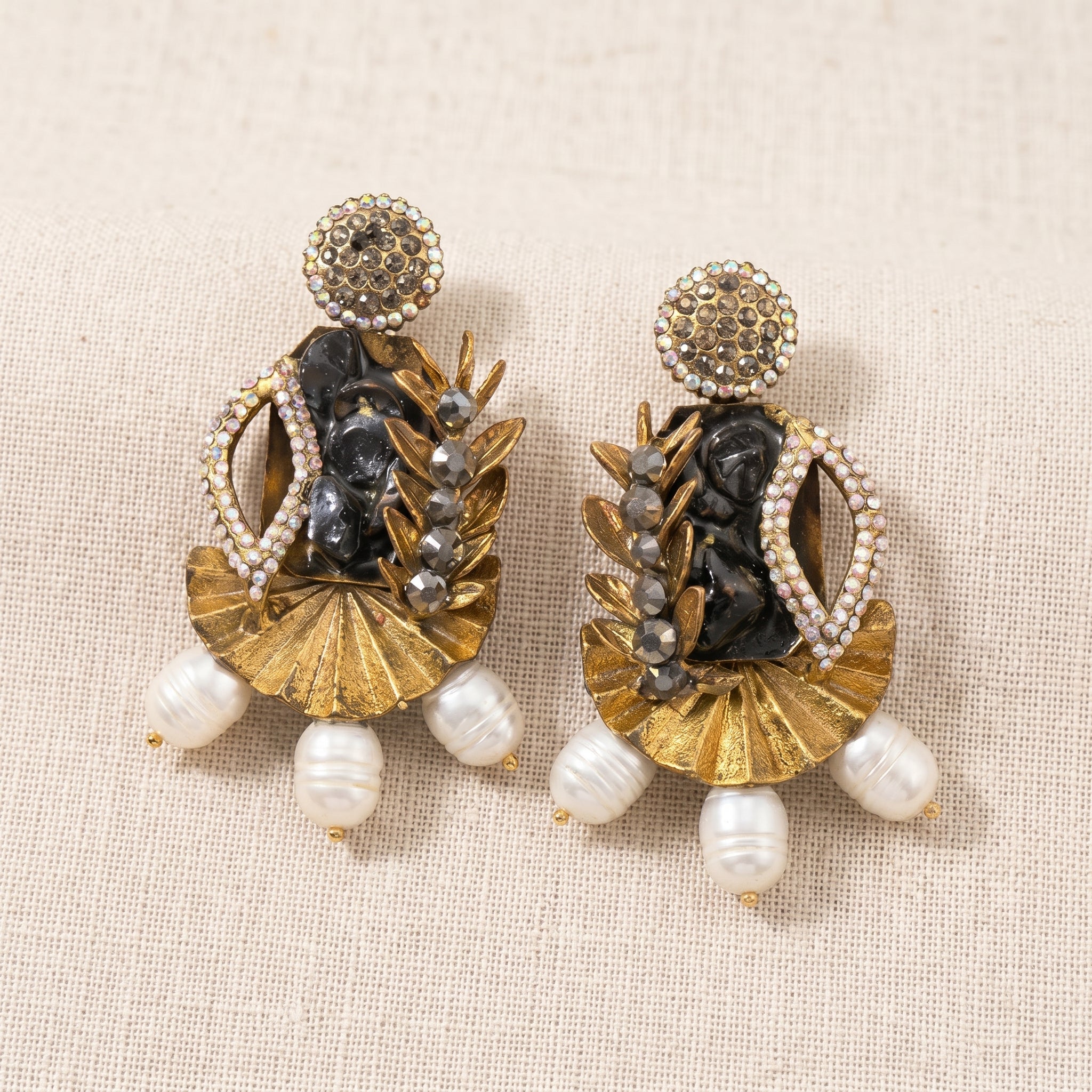 Black Stone & Gold Fan Statement Earrings close-up detail — artificial earrings by Jashan Jewels