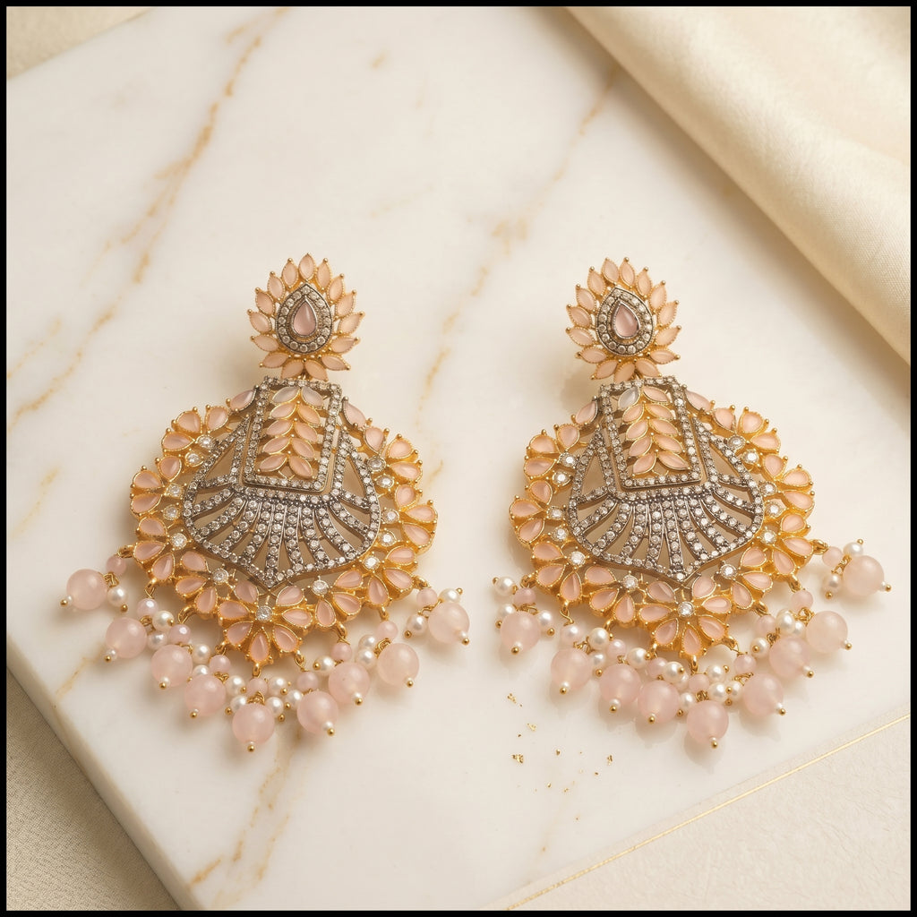 Blush Pink Chandbali Earrings close-up detail — artificial earrings by Jashan Jewels