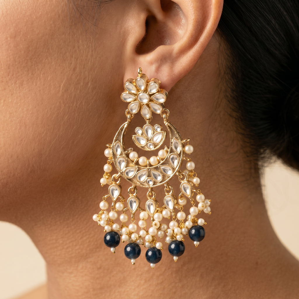 Kundan Chandbali Earrings with Sapphire Blue Drops — artificial earrings by Jashan Jewels Pakistan