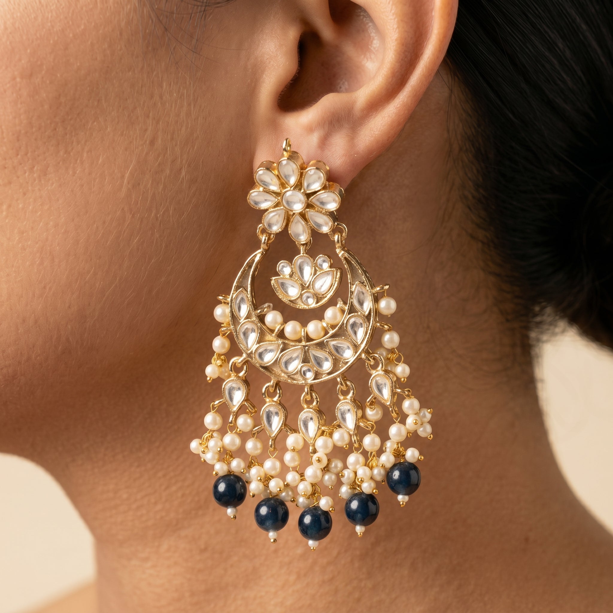 Kundan Chandbali Earrings with Sapphire Blue Drops — artificial earrings by Jashan Jewels Pakistan