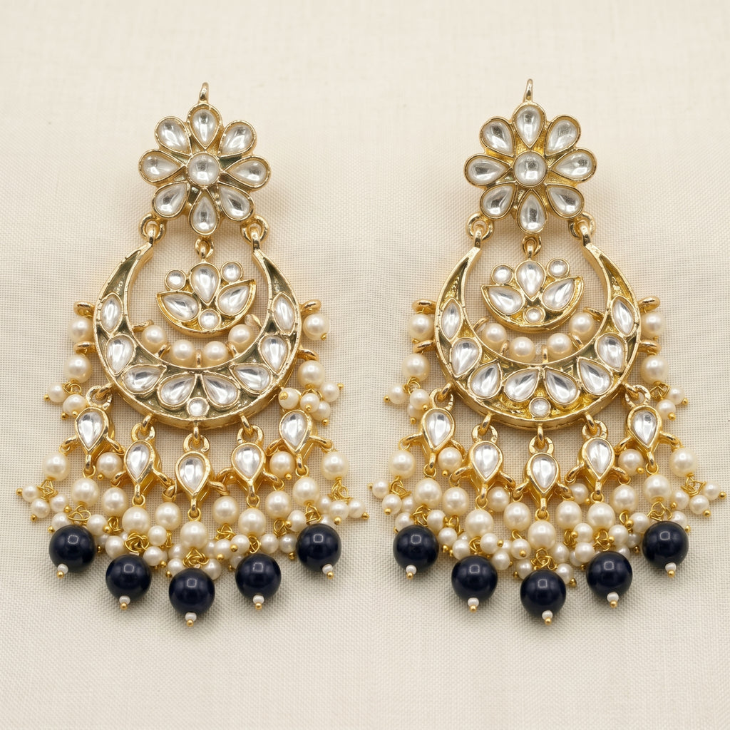 Kundan Chandbali Earrings with Sapphire Blue Drops close-up detail — artificial earrings by Jashan Jewels