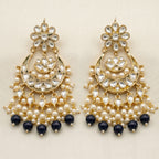 Kundan Chandbali Earrings with Sapphire Blue Drops close-up detail — artificial earrings by Jashan Jewels