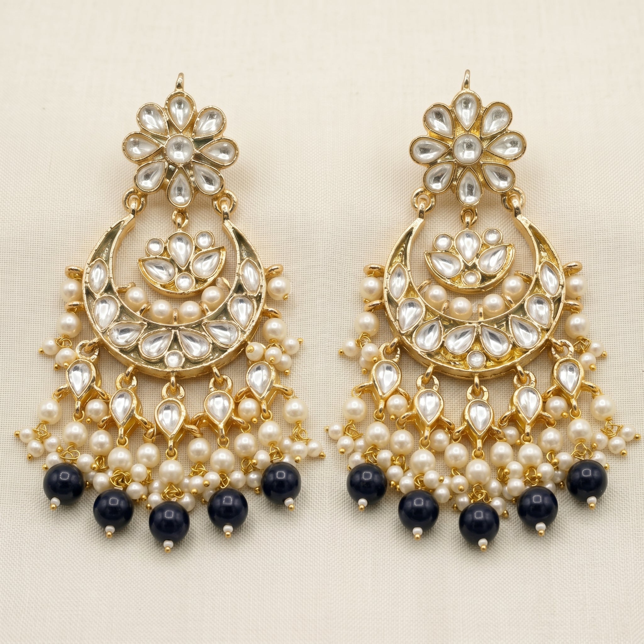 Kundan Chandbali Earrings with Sapphire Blue Drops close-up detail — artificial earrings by Jashan Jewels