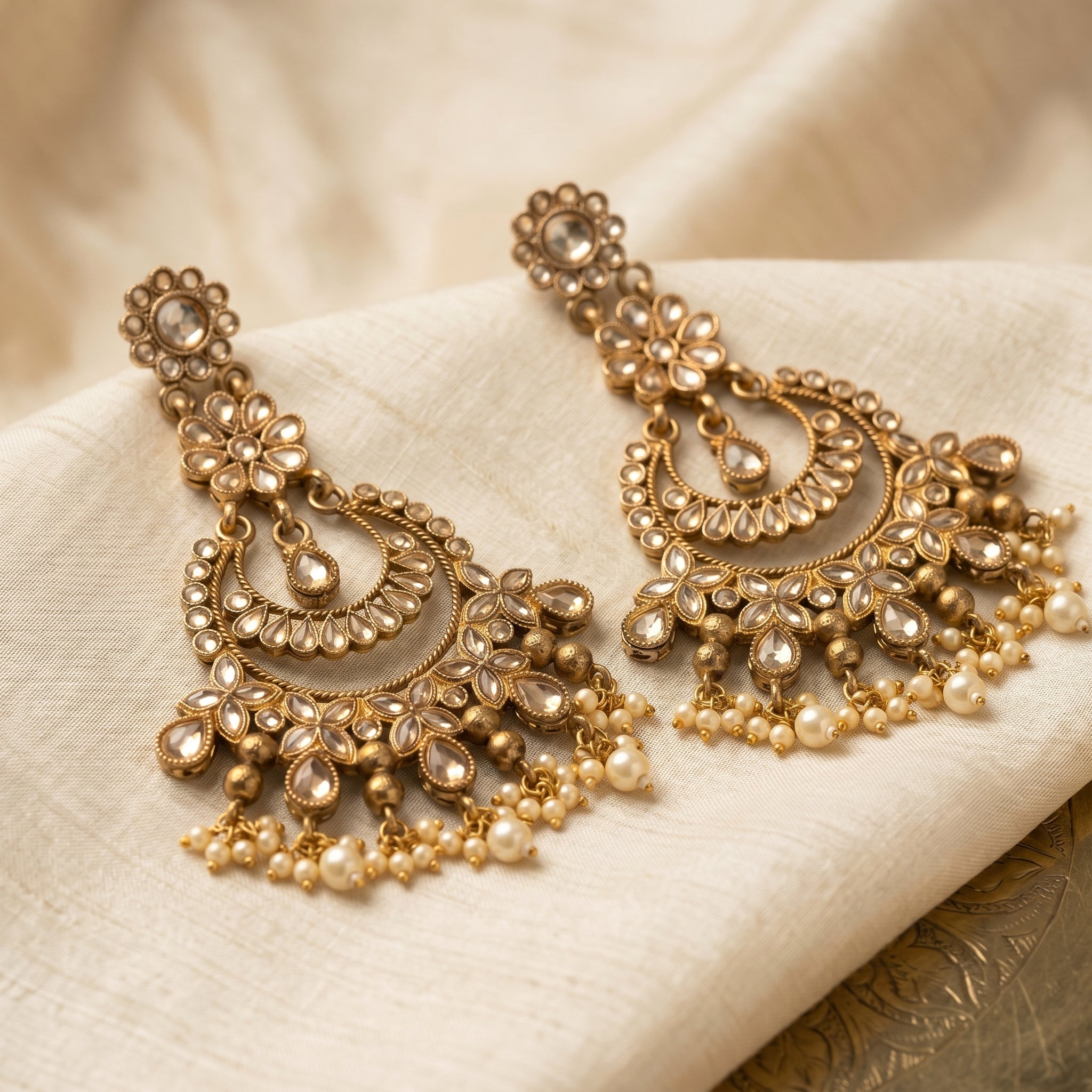 Kundan Chandbali Earrings with Pearl Drops close-up detail — artificial earrings by Jashan Jewels