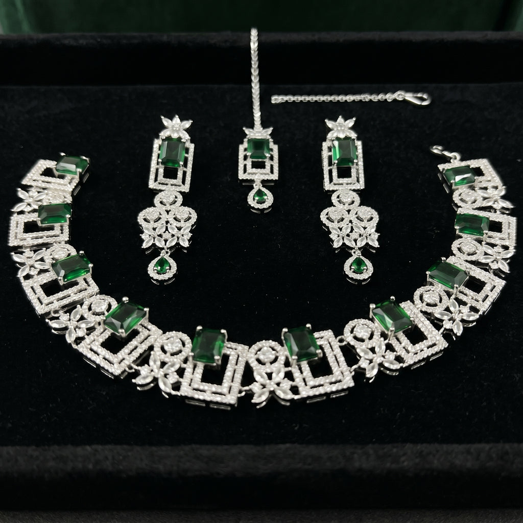Emerald Diamond Geometric Choker Necklace Set