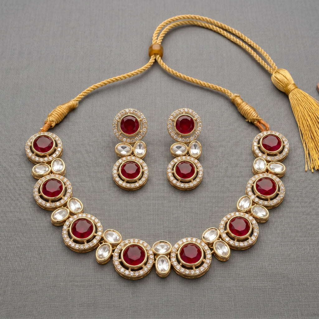 Ruby & Polki Kundan Round Cluster Choker Necklace Set close-up detail — artificial necklace set by Jashan Jewels