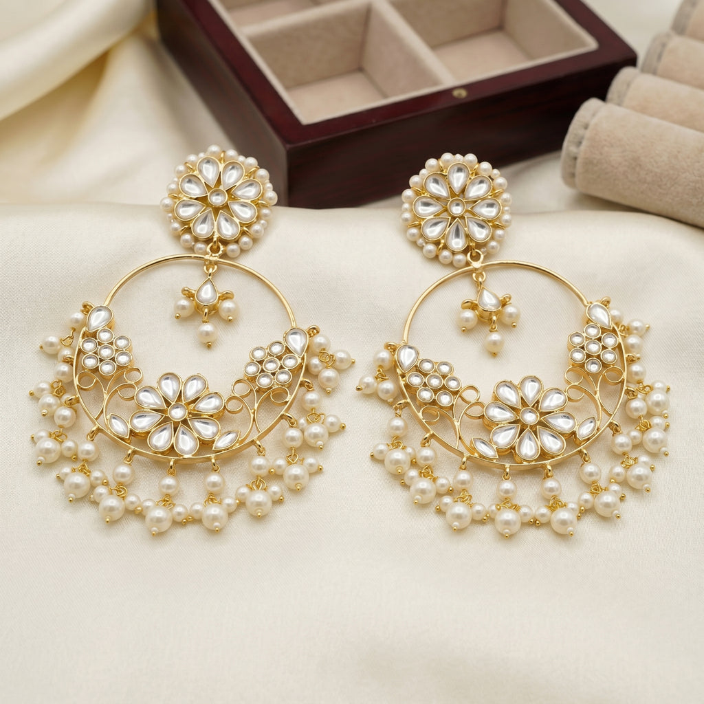 Kundan Floral Chandbali Earrings close-up detail — artificial earrings by Jashan Jewels
