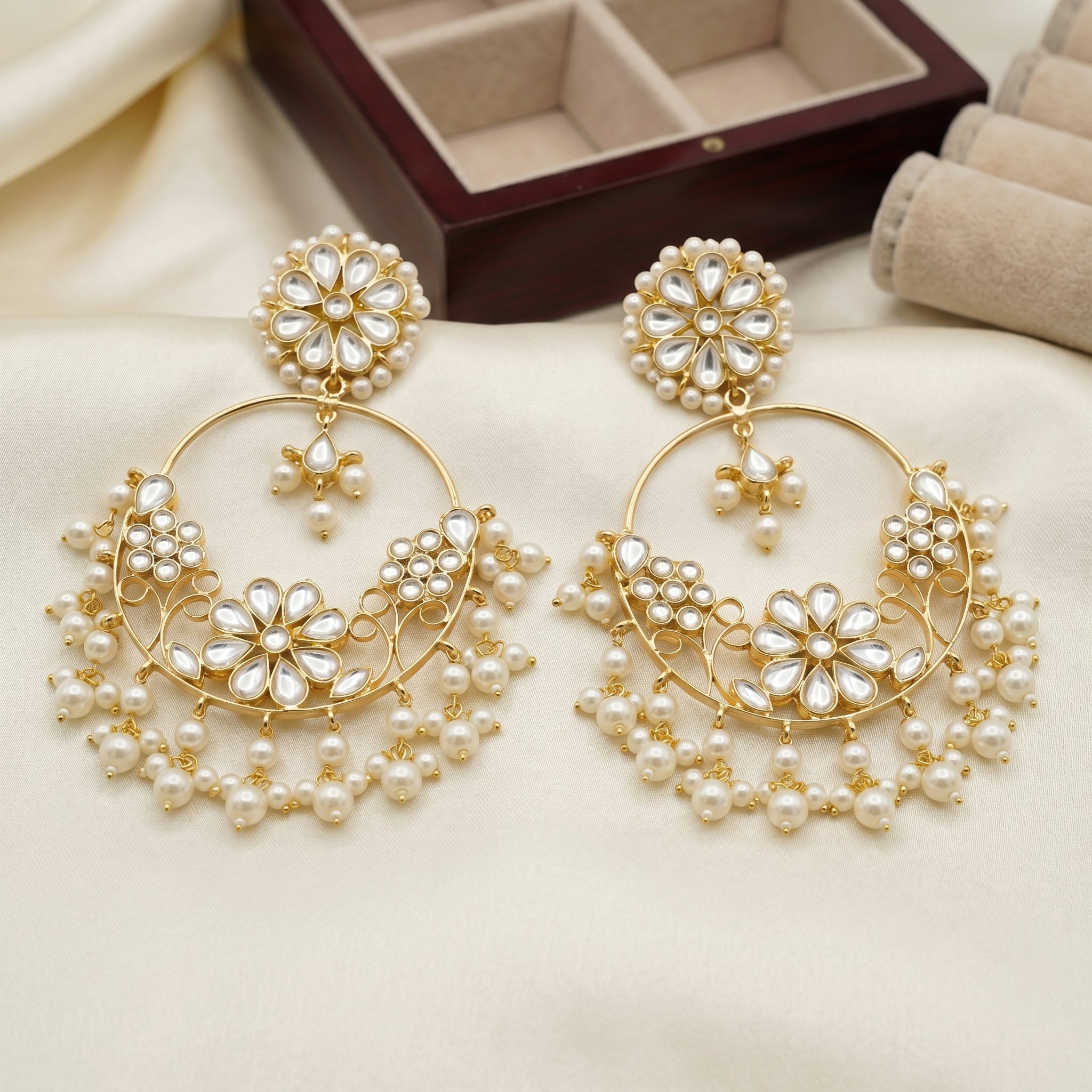 Kundan Floral Chandbali Earrings close-up detail — artificial earrings by Jashan Jewels