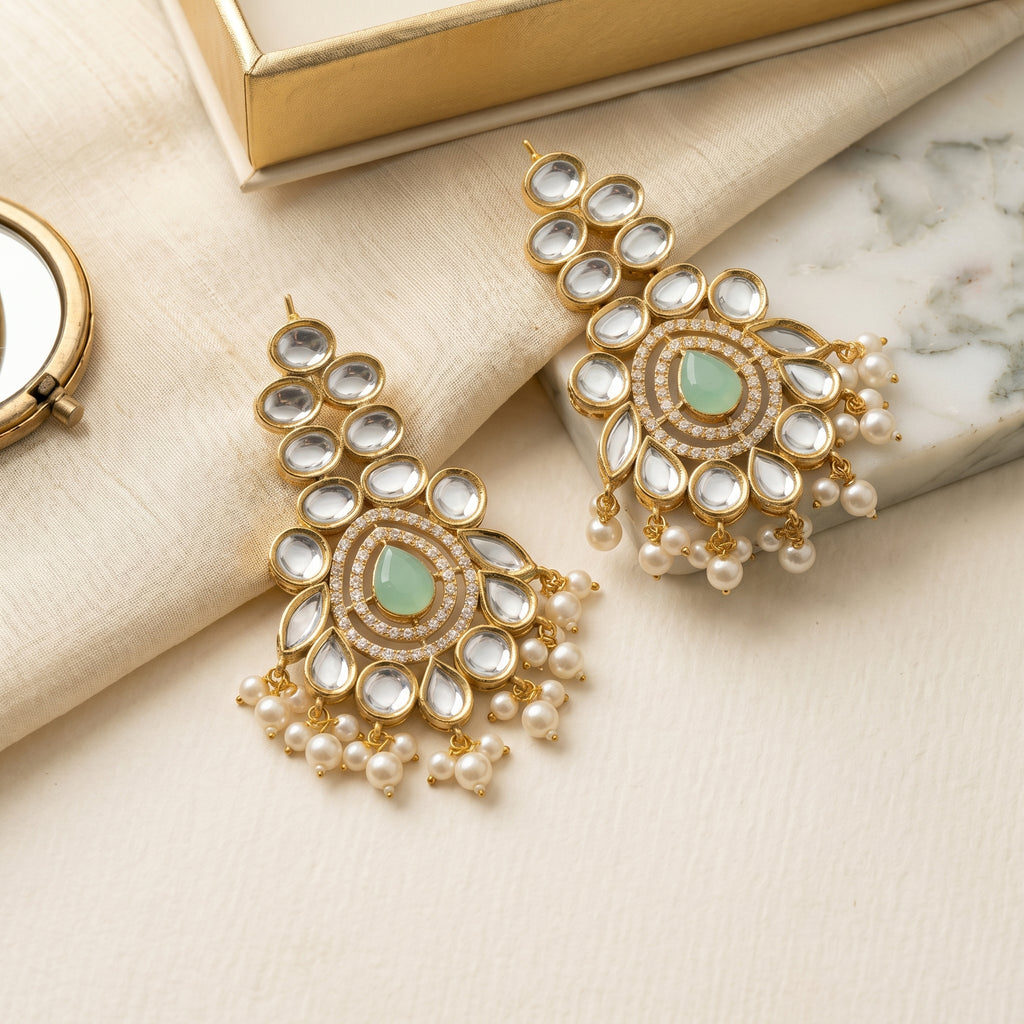 Kundan Chandelier Earrings close-up detail — artificial earrings by Jashan Jewels