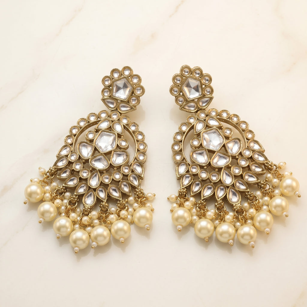 Antique Gold Kundan Chandbali Earrings close-up detail — artificial earrings by Jashan Jewels