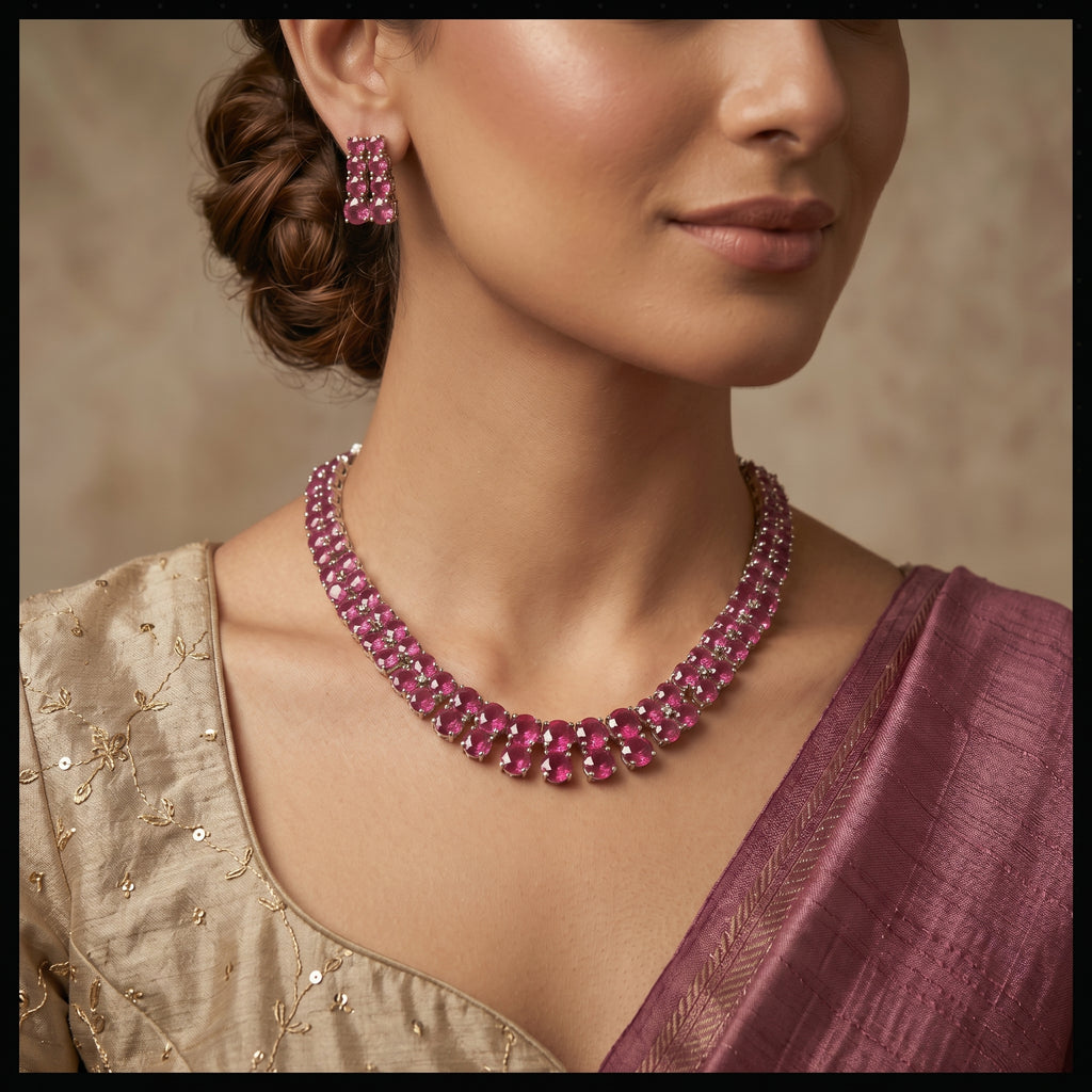 Pink Ruby Multi-Row Oval Stone Collar Choker Necklace Set — artificial necklace set by Jashan Jewels Pakistan