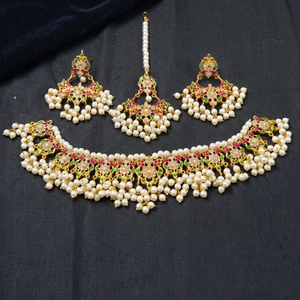 Pearl & Meenakari Gold Choker Necklace Set close-up detail — artificial necklace set by Jashan Jewels