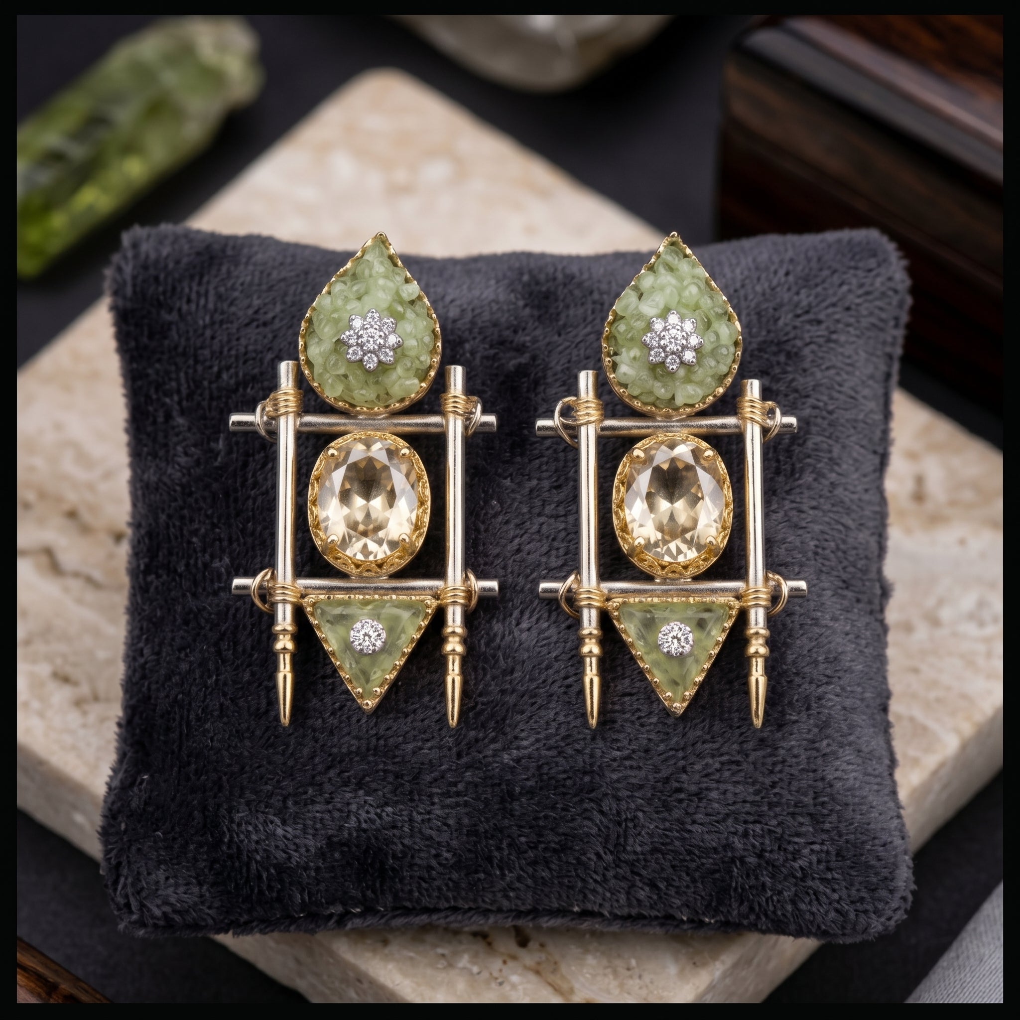 Architectural Gemstone Drop Earrings close-up detail — artificial earrings by Jashan Jewels