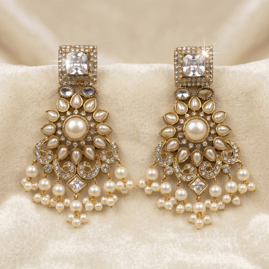 Royal Pearl & CZ Chandbali Earrings close-up detail — artificial earrings by Jashan Jewels