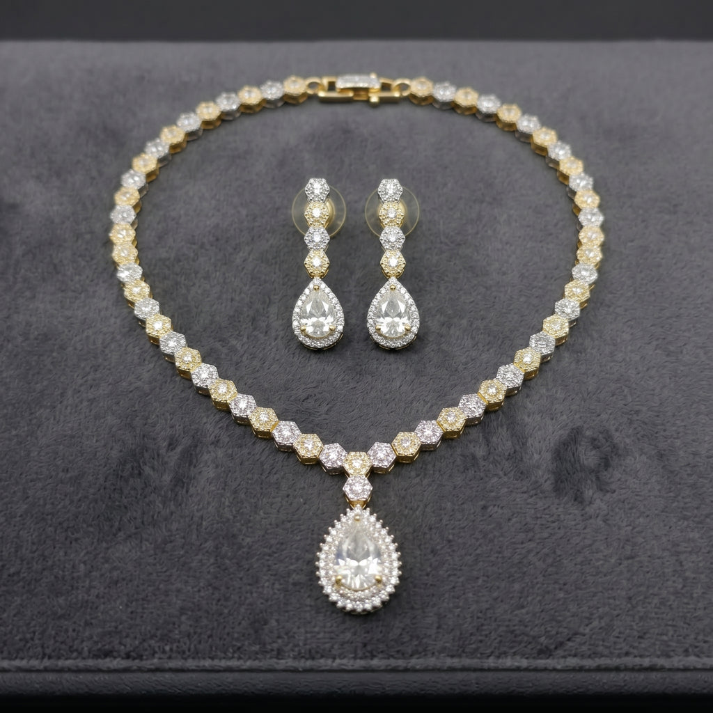 Two-Tone Crystal Diamond Floral Chain Necklace Set close-up detail — artificial necklace set by Jashan Jewels
