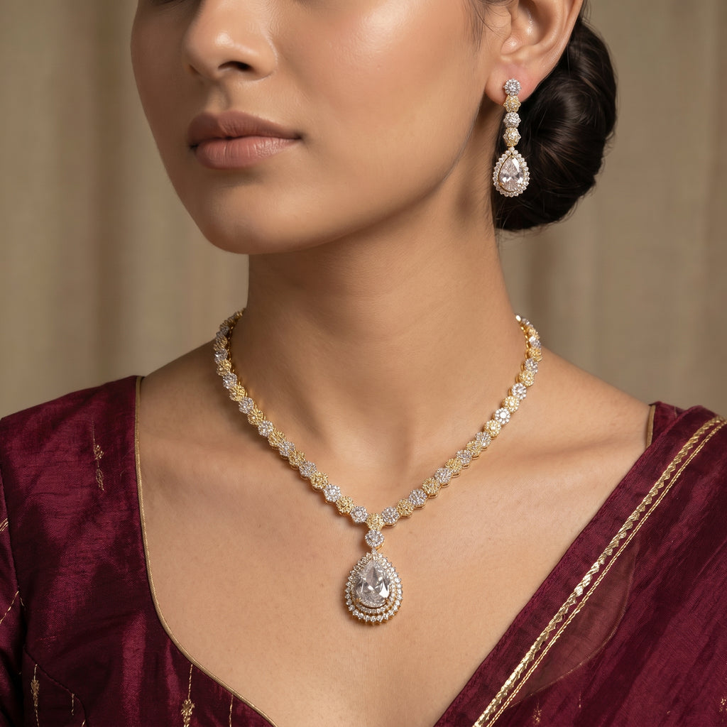 Two-Tone Crystal Diamond Floral Chain Necklace Set — artificial necklace set by Jashan Jewels Pakistan