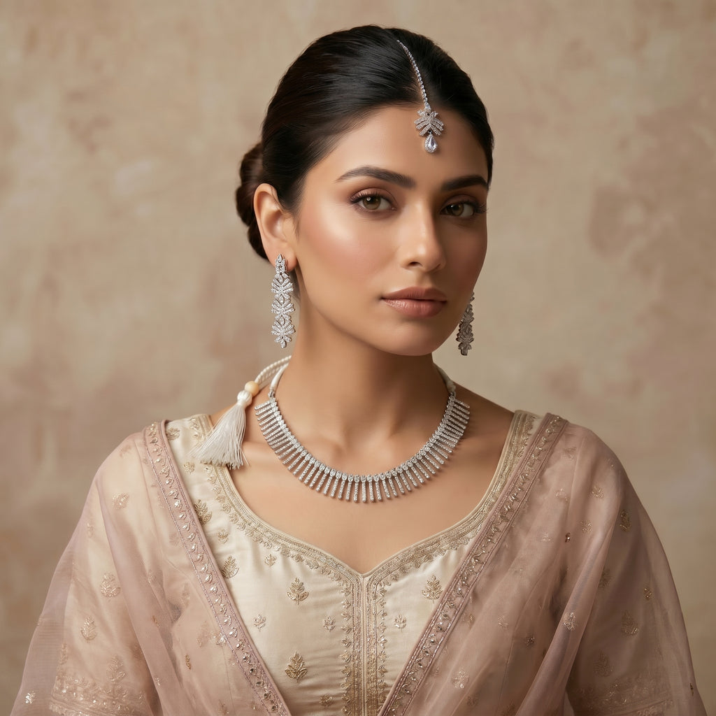 Silver Diamond Baguette Fringe Choker Necklace Set — artificial necklace set by Jashan Jewels Pakistan