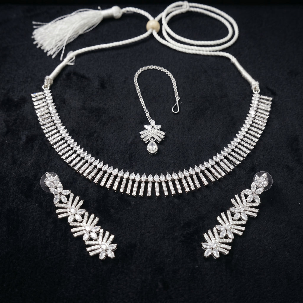 Silver Diamond Baguette Fringe Choker Necklace Set close-up detail — artificial necklace set by Jashan Jewels