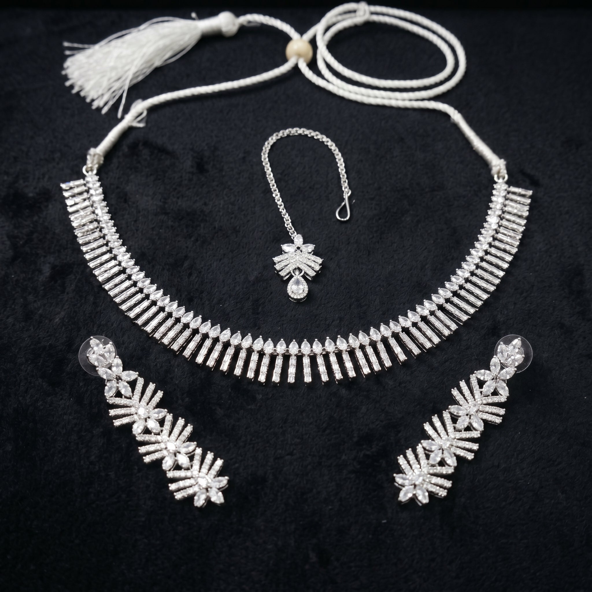 Silver Diamond Baguette Fringe Choker Necklace Set